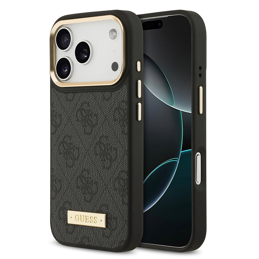 Apple iPhone 17 Pro Kılıf Guess Orjinal Lisanslı M-safe Şarj Özellikli 4G Desenli PU Metal Plaka Klasik Logolu Kapak Siyah