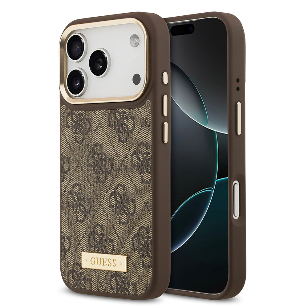 Apple iPhone 17 Pro Kılıf Guess Orjinal Lisanslı M-safe Şarj Özellikli 4G Desenli PU Metal Plaka Klasik Logolu Kapak Kahverengi
