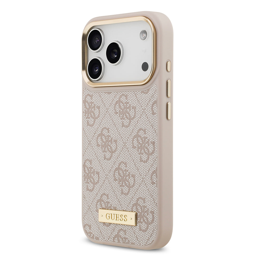 Apple iPhone 17 Pro Kılıf Guess Orjinal Lisanslı M-safe Şarj Özellikli 4G Desenli PU Metal Plaka Klasik Logolu Kapak Pembe