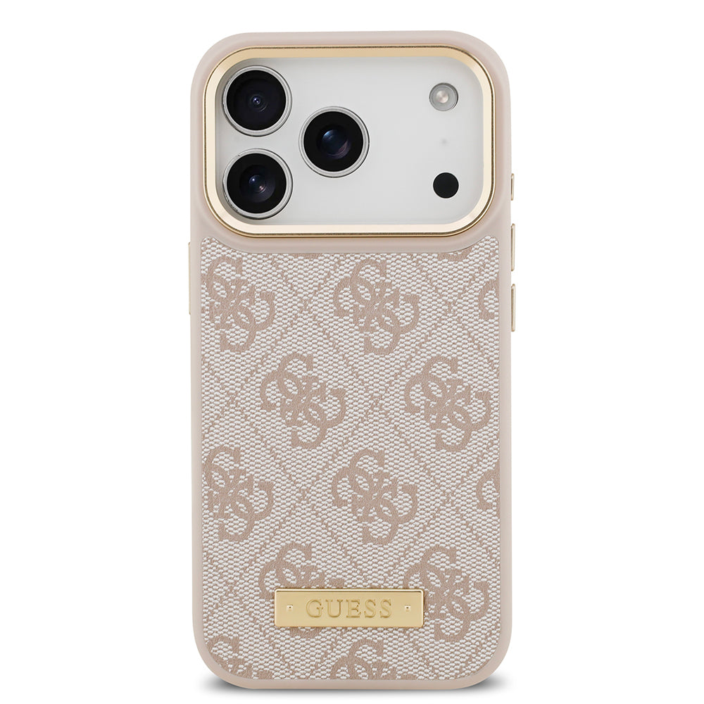 Apple iPhone 17 Pro Kılıf Guess Orjinal Lisanslı M-safe Şarj Özellikli 4G Desenli PU Metal Plaka Klasik Logolu Kapak Pembe