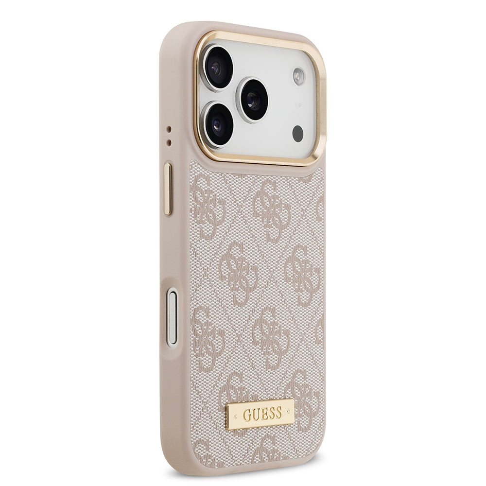 Apple iPhone 17 Pro Kılıf Guess Orjinal Lisanslı M-safe Şarj Özellikli 4G Desenli PU Metal Plaka Klasik Logolu Kapak Pembe