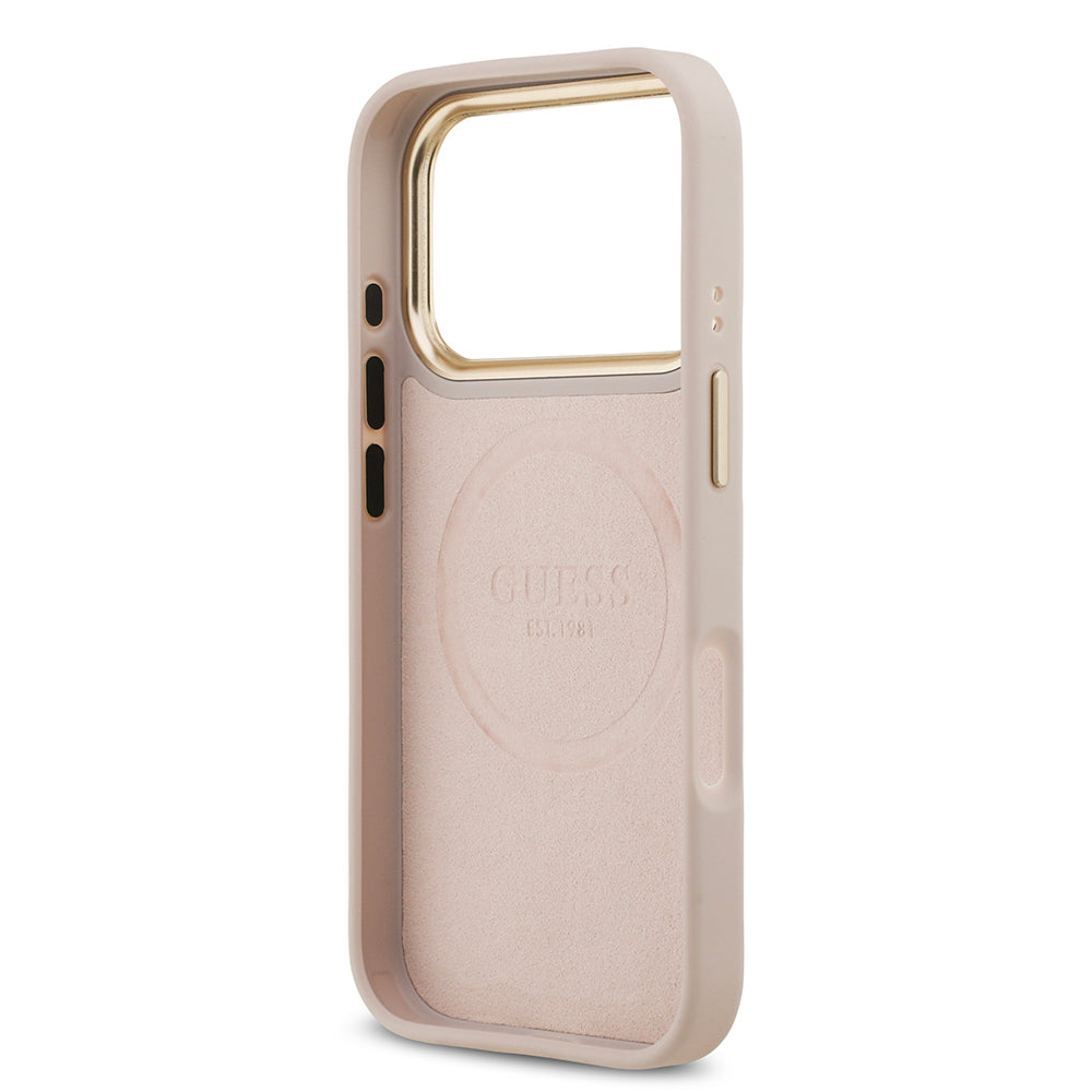 Apple iPhone 17 Pro Kılıf Guess Orjinal Lisanslı M-safe Şarj Özellikli 4G Desenli PU Metal Plaka Klasik Logolu Kapak Pembe