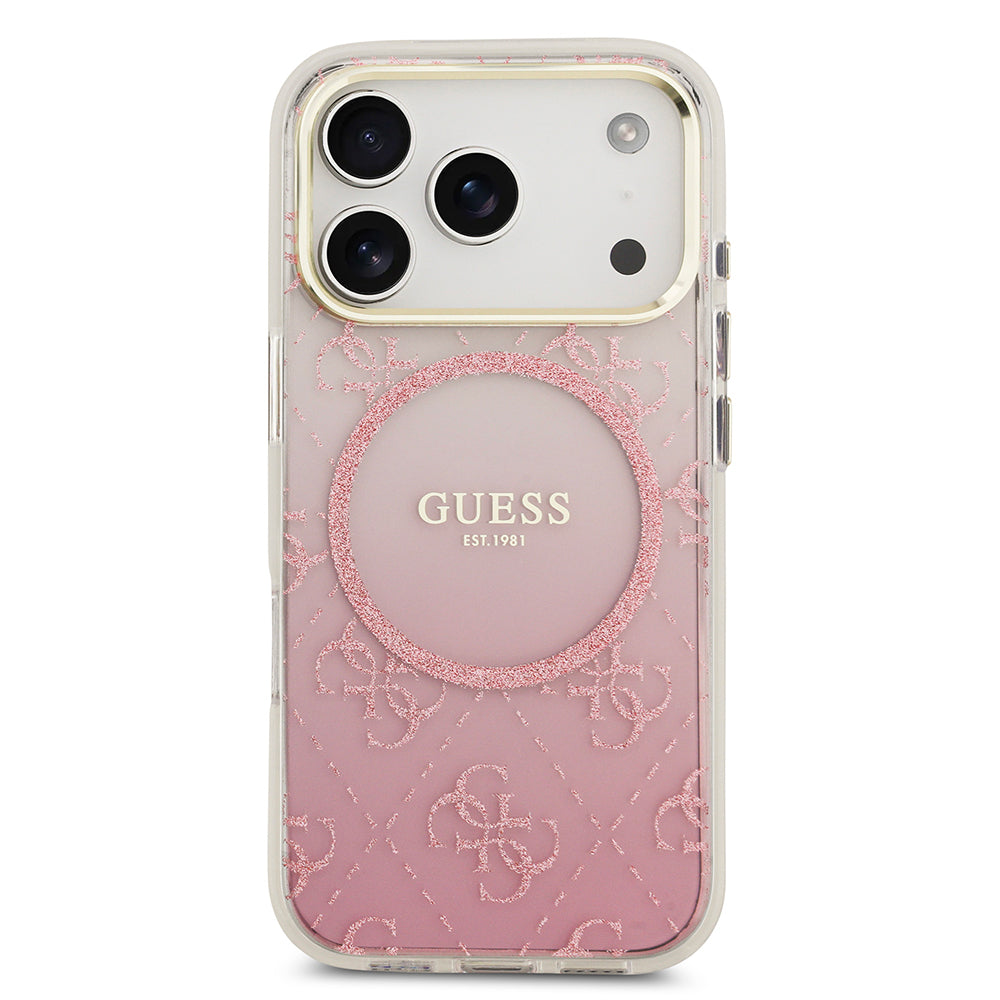Apple iPhone 17 Pro Kılıf Guess Orjinal Lisanslı M-safe Şarj Özellikli 4G Desenli Simli Silikon Kapak Pembe