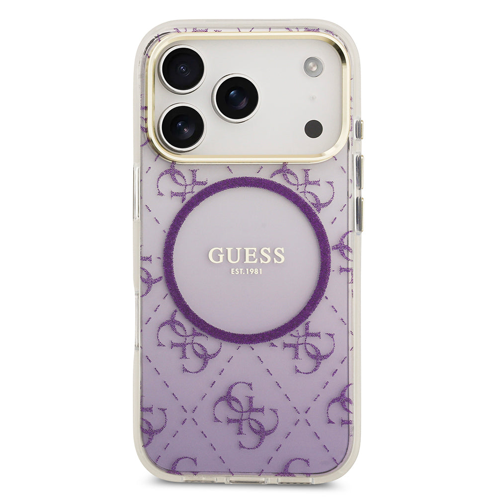 Apple iPhone 17 Pro Kılıf Guess Orjinal Lisanslı M-safe Şarj Özellikli 4G Desenli Simli Silikon Kapak Mor