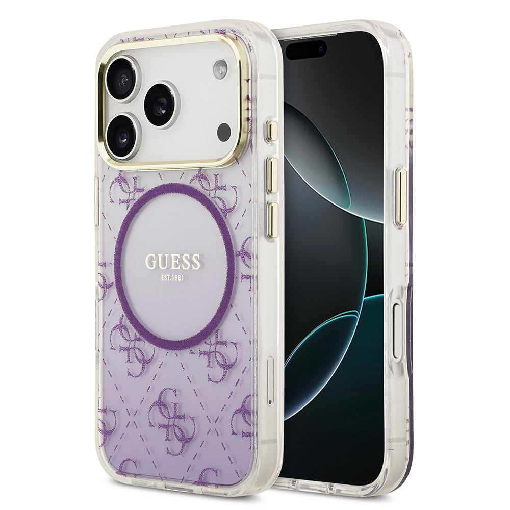 Apple iPhone 17 Pro Kılıf Guess Orjinal Lisanslı M-safe Şarj Özellikli 4G Desenli Simli Silikon Kapak Mor