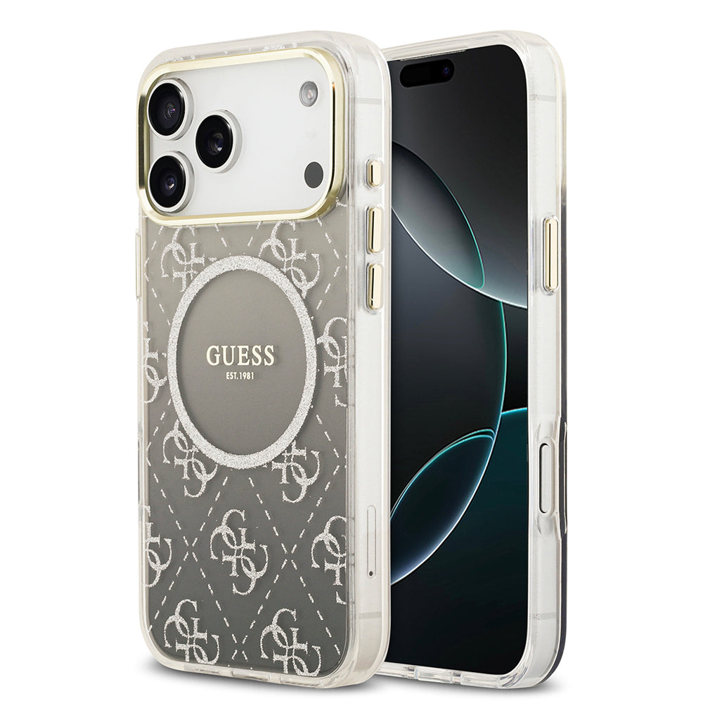 Apple iPhone 17 Pro Kılıf Guess Orjinal Lisanslı M-safe Şarj Özellikli 4G Desenli Simli Silikon Kapak Gri