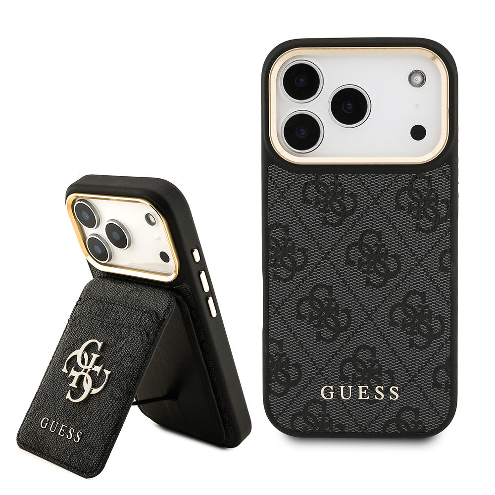 Apple iPhone 17 Pro Kılıf Guess Orjinal Lisanslı M-safe Şarj Özellikli 4G Metal Büyük Logolu Kartlıklı Kapak Siyah