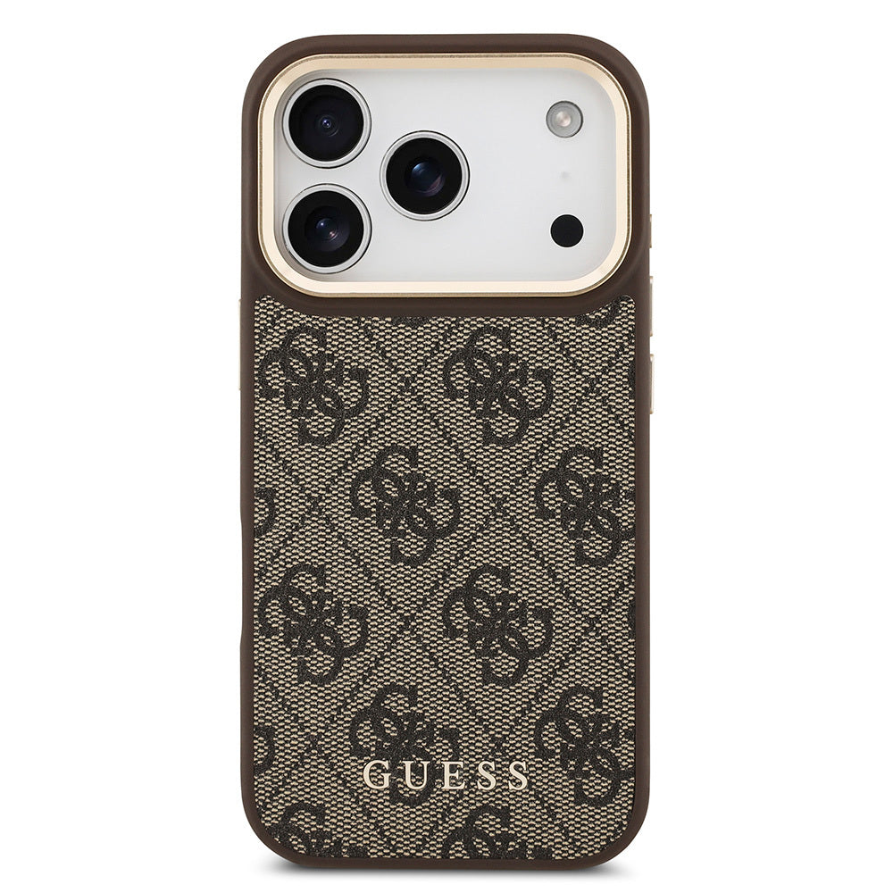 Apple iPhone 17 Pro Kılıf Guess Orjinal Lisanslı M-safe Şarj Özellikli 4G Metal Büyük Logolu Kartlıklı Kapak Kahverengi