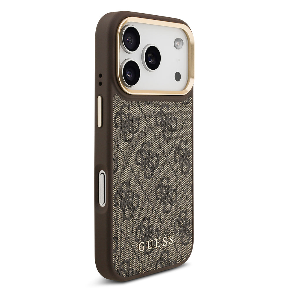 Apple iPhone 17 Pro Kılıf Guess Orjinal Lisanslı M-safe Şarj Özellikli 4G Metal Büyük Logolu Kartlıklı Kapak Kahverengi