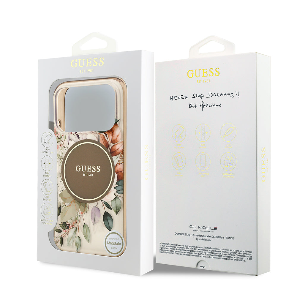 Apple iPhone 17 Pro Kılıf Guess Orjinal Lisanslı M-safe Şarj Özellikli Flower Tonal Circle Kapak Kahverengi