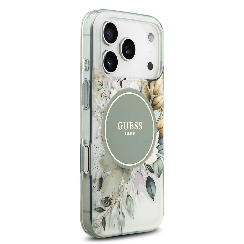 Apple iPhone 17 Pro Kılıf Guess Orjinal Lisanslı M-safe Şarj Özellikli Flower Tonal Circle Kapak Yeşil