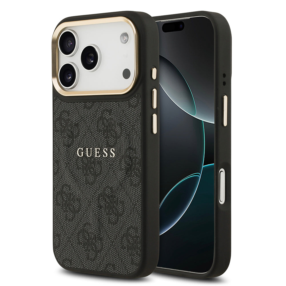Apple iPhone 17 Pro Kılıf Guess Orjinal Lisanslı M-safe Şarj Özellikli Gold Metal Kamera Çerçeveli PU Deri 4G Desenli Yazı Logolu Kapak Siyah