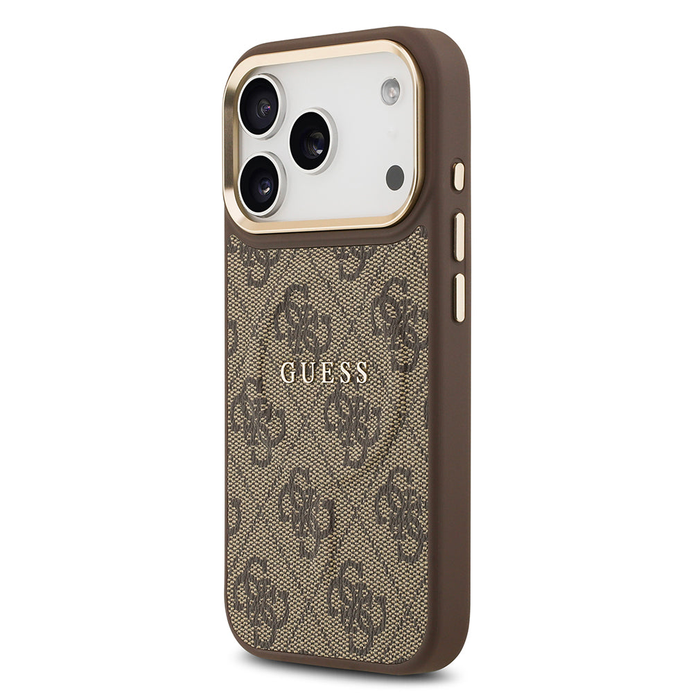 Apple iPhone 17 Pro Kılıf Guess Orjinal Lisanslı M-safe Şarj Özellikli Gold Metal Kamera Çerçeveli PU Deri 4G Desenli Yazı Logolu Kapak Kahverengi