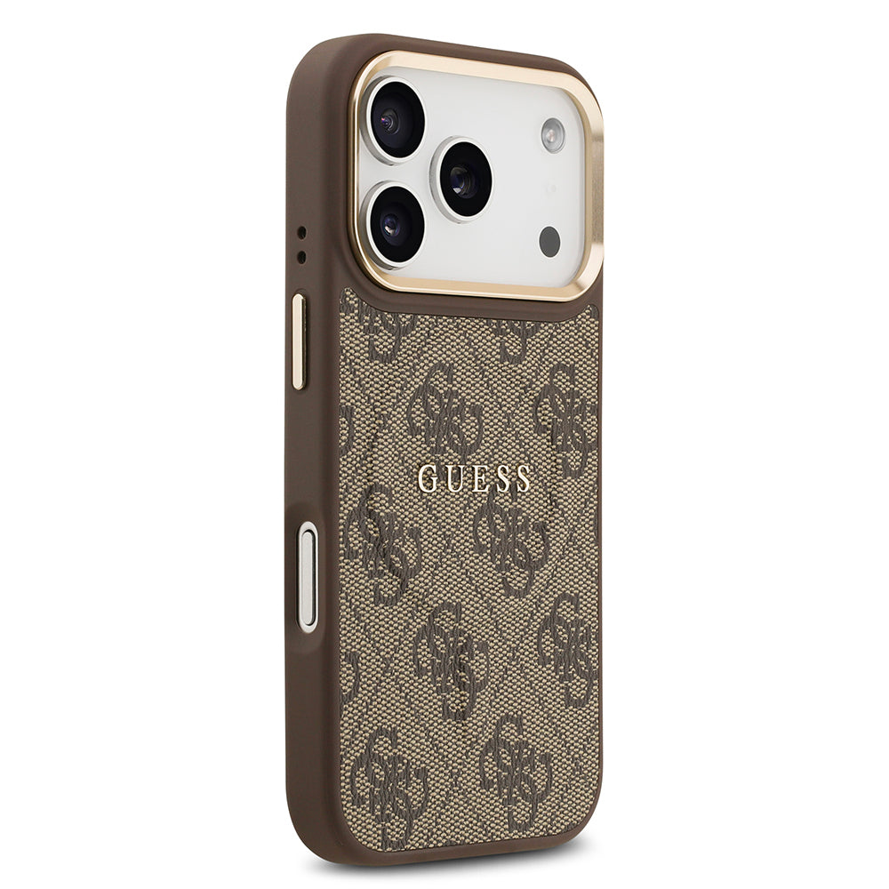 Apple iPhone 17 Pro Kılıf Guess Orjinal Lisanslı M-safe Şarj Özellikli Gold Metal Kamera Çerçeveli PU Deri 4G Desenli Yazı Logolu Kapak Kahverengi