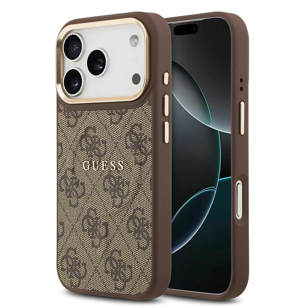 Apple iPhone 17 Pro Kılıf Guess Orjinal Lisanslı M-safe Şarj Özellikli Gold Metal Kamera Çerçeveli PU Deri 4G Desenli Yazı Logolu Kapak Kahverengi