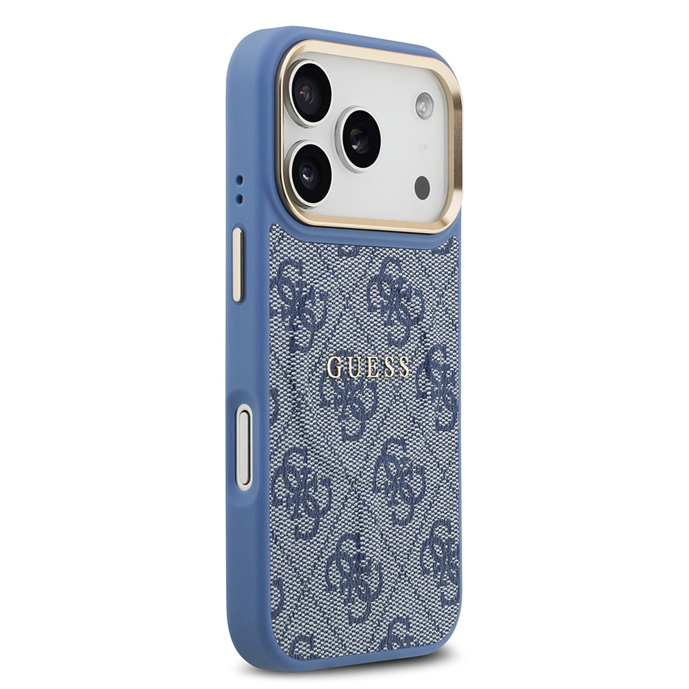 Apple iPhone 17 Pro Kılıf Guess Orjinal Lisanslı M-safe Şarj Özellikli Gold Metal Kamera Çerçeveli PU Deri 4G Desenli Yazı Logolu Kapak Mavi