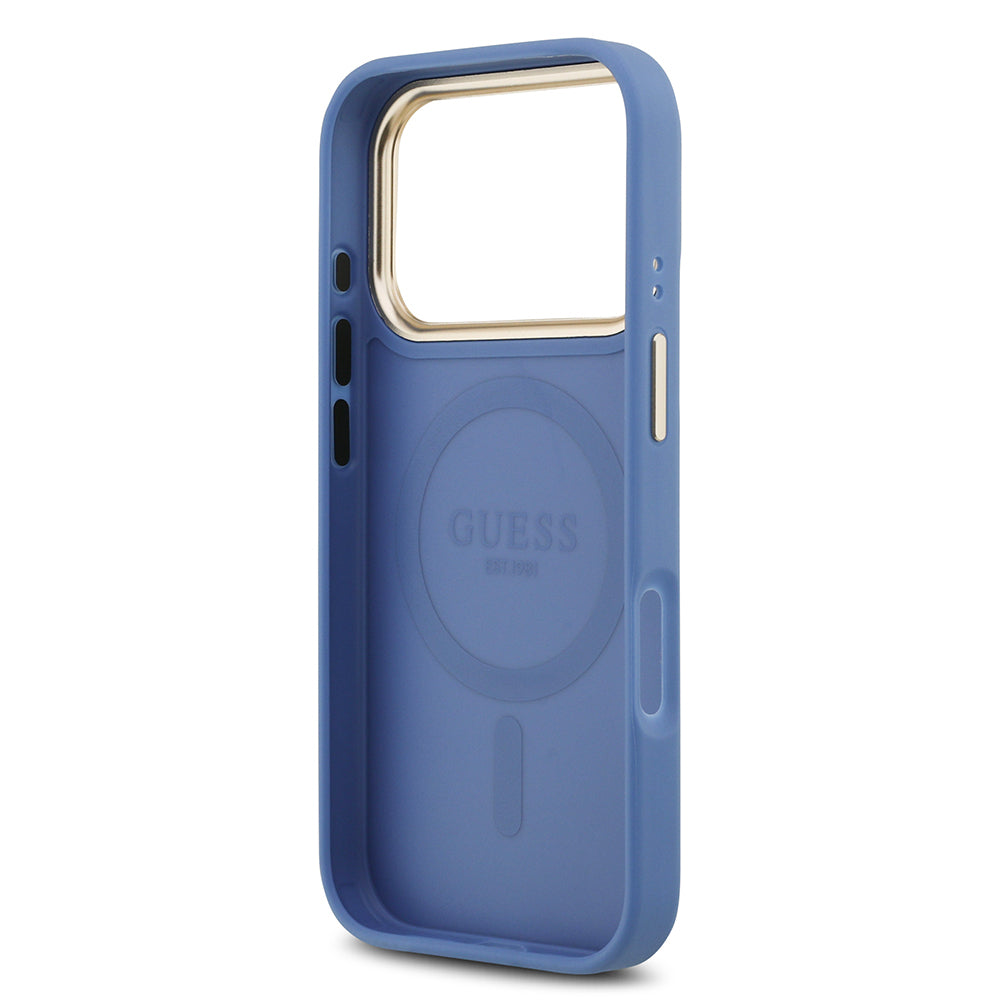 Apple iPhone 17 Pro Kılıf Guess Orjinal Lisanslı M-safe Şarj Özellikli Gold Metal Kamera Çerçeveli PU Deri 4G Desenli Yazı Logolu Kapak Mavi