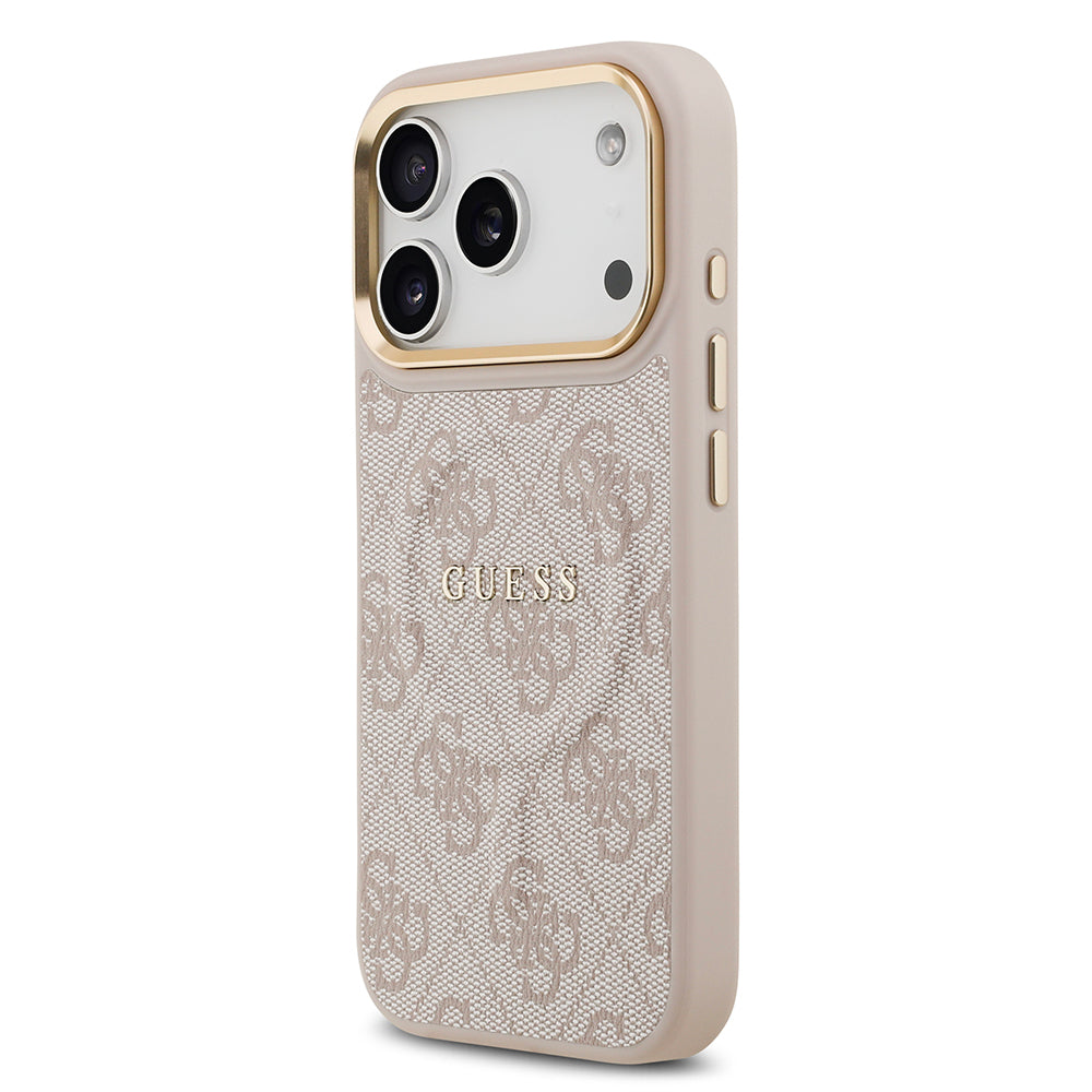 Apple iPhone 17 Pro Kılıf Guess Orjinal Lisanslı M-safe Şarj Özellikli Gold Metal Kamera Çerçeveli PU Deri 4G Desenli Yazı Logolu Kapak Pembe