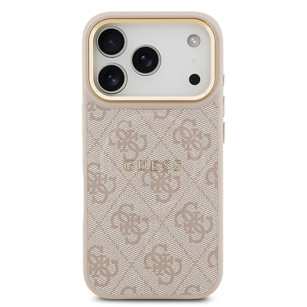 Apple iPhone 17 Pro Kılıf Guess Orjinal Lisanslı M-safe Şarj Özellikli Gold Metal Kamera Çerçeveli PU Deri 4G Desenli Yazı Logolu Kapak Pembe