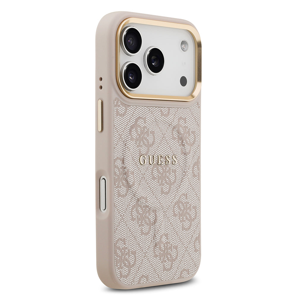 Apple iPhone 17 Pro Kılıf Guess Orjinal Lisanslı M-safe Şarj Özellikli Gold Metal Kamera Çerçeveli PU Deri 4G Desenli Yazı Logolu Kapak Pembe