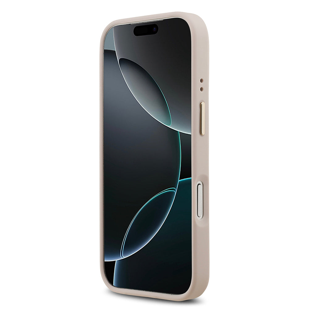Apple iPhone 17 Pro Kılıf Guess Orjinal Lisanslı M-safe Şarj Özellikli Gold Metal Kamera Çerçeveli PU Deri 4G Desenli Yazı Logolu Kapak Pembe