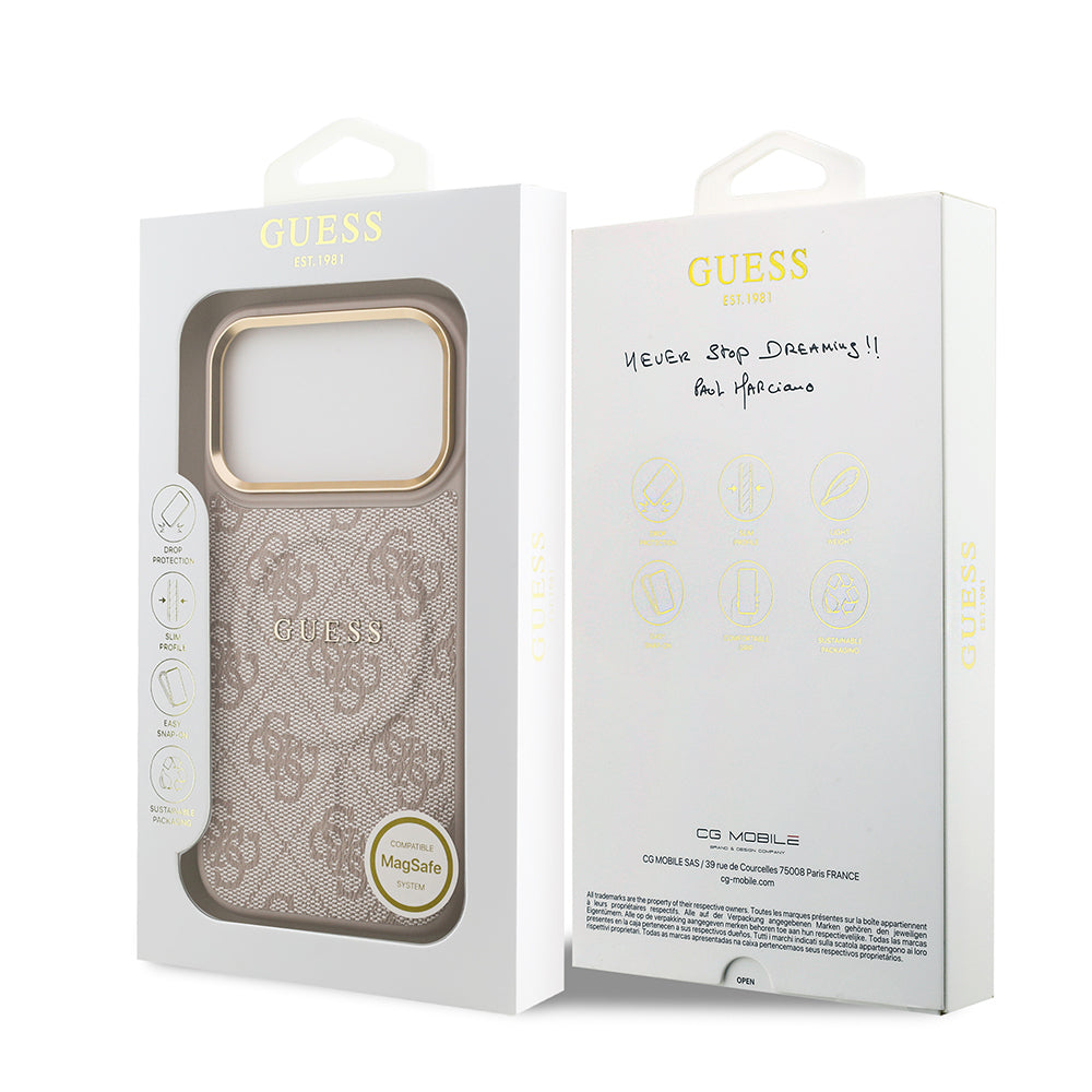 Apple iPhone 17 Pro Kılıf Guess Orjinal Lisanslı M-safe Şarj Özellikli Gold Metal Kamera Çerçeveli PU Deri 4G Desenli Yazı Logolu Kapak Pembe