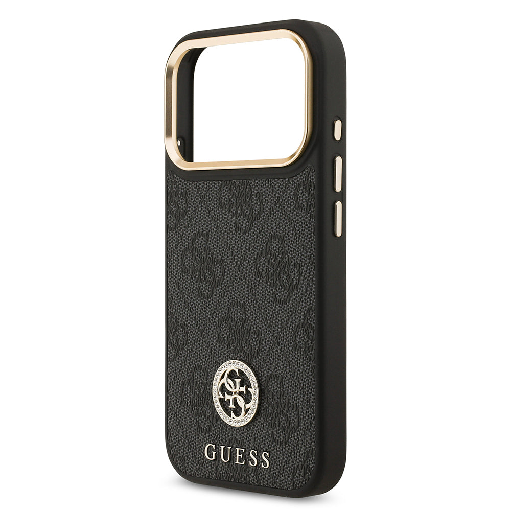 Apple iPhone 17 Pro Kılıf Guess Orjinal Lisanslı M-safe Şarj Özellikli Gold Metal Kamera Çerçeveli Taşlı 4G Logolu Kapak Siyah