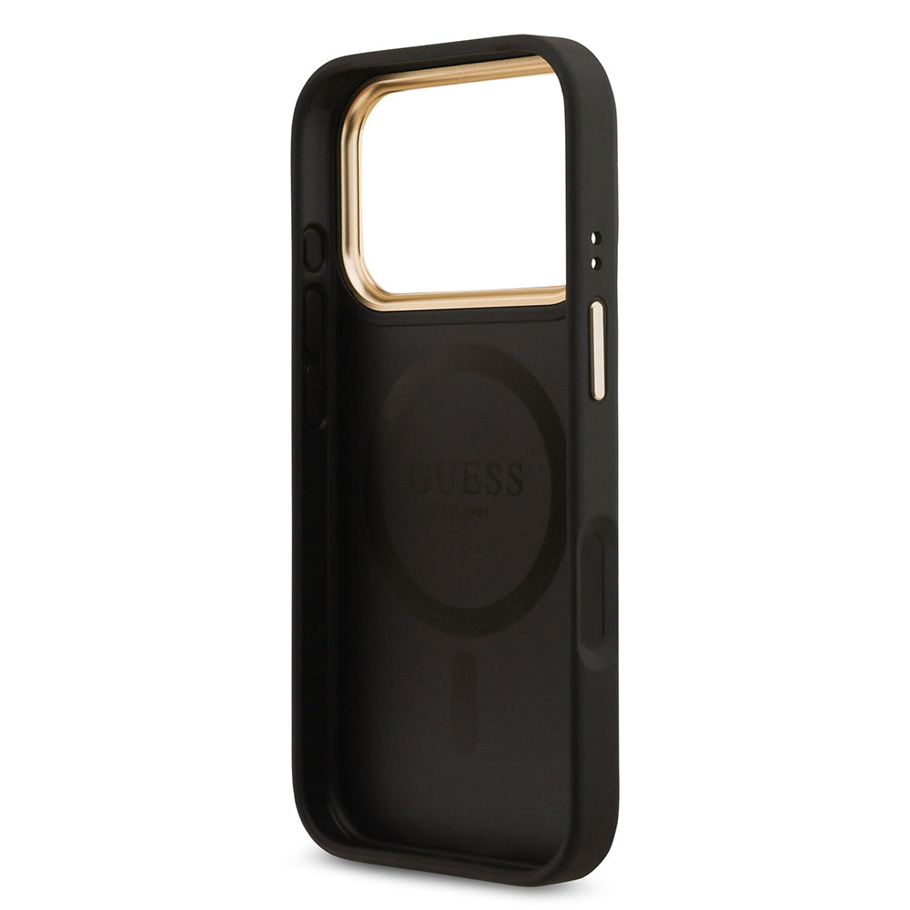 Apple iPhone 17 Pro Kılıf Guess Orjinal Lisanslı M-safe Şarj Özellikli Gold Metal Kamera Çerçeveli Taşlı 4G Logolu Kapak Siyah