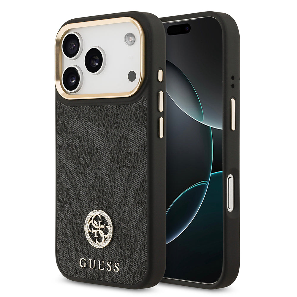 Apple iPhone 17 Pro Kılıf Guess Orjinal Lisanslı M-safe Şarj Özellikli Gold Metal Kamera Çerçeveli Taşlı 4G Logolu Kapak Siyah