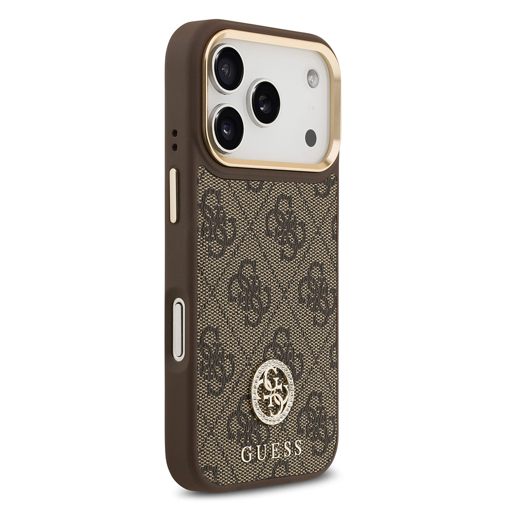 Apple iPhone 17 Pro Kılıf Guess Orjinal Lisanslı M-safe Şarj Özellikli Gold Metal Kamera Çerçeveli Taşlı 4G Logolu Kapak Kahverengi