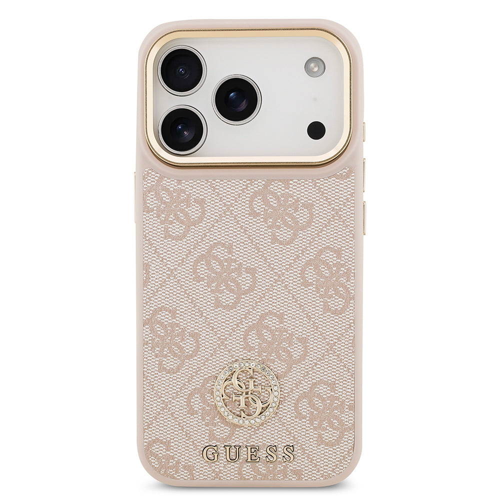 Apple iPhone 17 Pro Kılıf Guess Orjinal Lisanslı M-safe Şarj Özellikli Gold Metal Kamera Çerçeveli Taşlı 4G Logolu Kapak Pembe