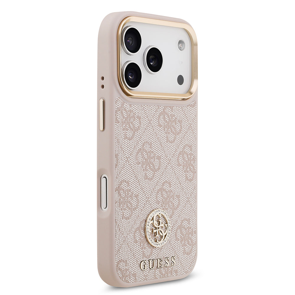 Apple iPhone 17 Pro Kılıf Guess Orjinal Lisanslı M-safe Şarj Özellikli Gold Metal Kamera Çerçeveli Taşlı 4G Logolu Kapak Pembe