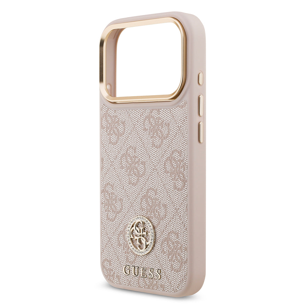 Apple iPhone 17 Pro Kılıf Guess Orjinal Lisanslı M-safe Şarj Özellikli Gold Metal Kamera Çerçeveli Taşlı 4G Logolu Kapak Pembe