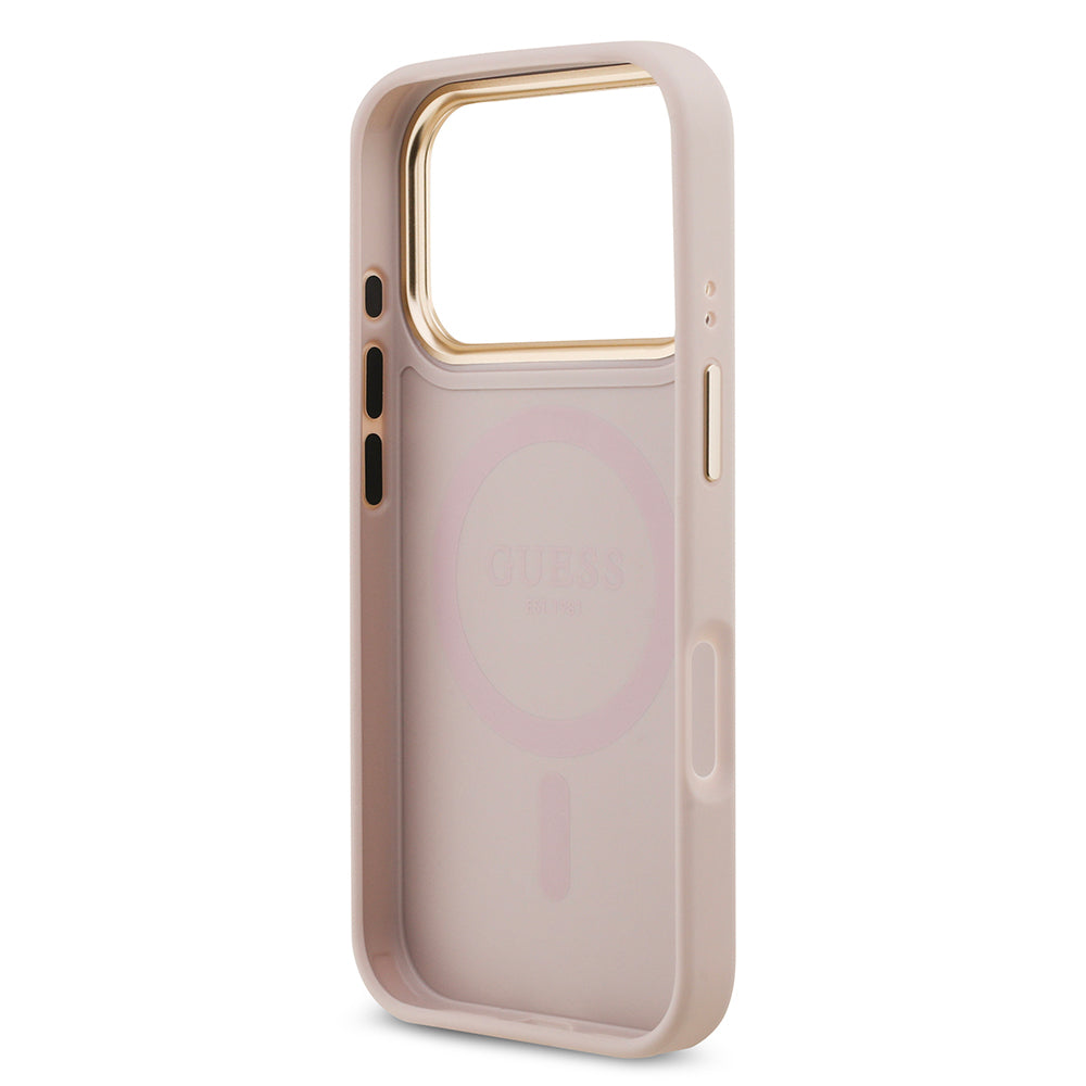 Apple iPhone 17 Pro Kılıf Guess Orjinal Lisanslı M-safe Şarj Özellikli Gold Metal Kamera Çerçeveli Taşlı 4G Logolu Kapak Pembe