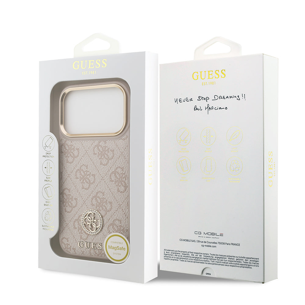 Apple iPhone 17 Pro Kılıf Guess Orjinal Lisanslı M-safe Şarj Özellikli Gold Metal Kamera Çerçeveli Taşlı 4G Logolu Kapak Pembe