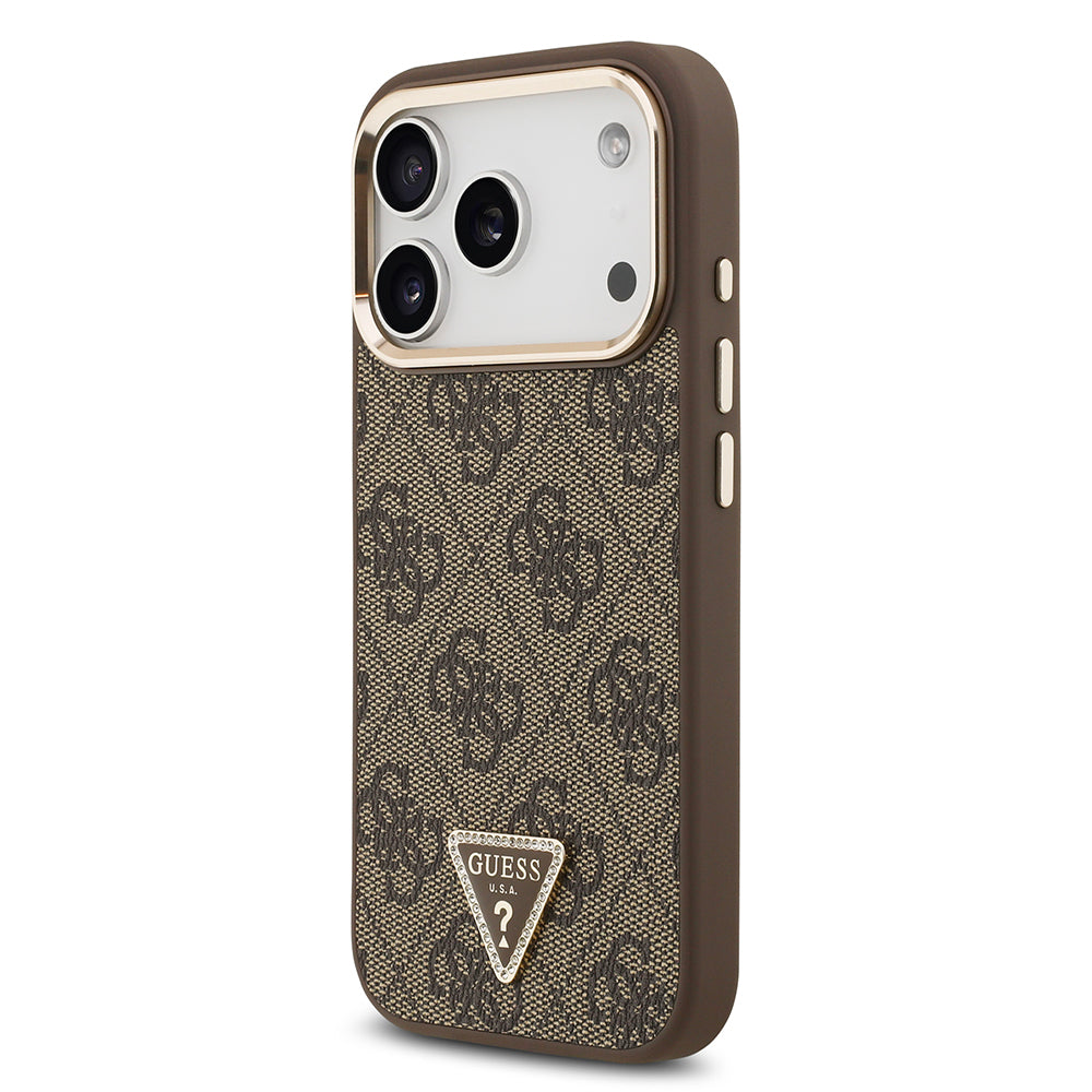 Apple iPhone 17 Pro Kılıf Guess Orjinal Lisanslı M-safe Şarj Özellikli Gold Metal Kamera Çerçeveli Taşlı Üçgen Logo 4G Desenli Kapak Kahverengi