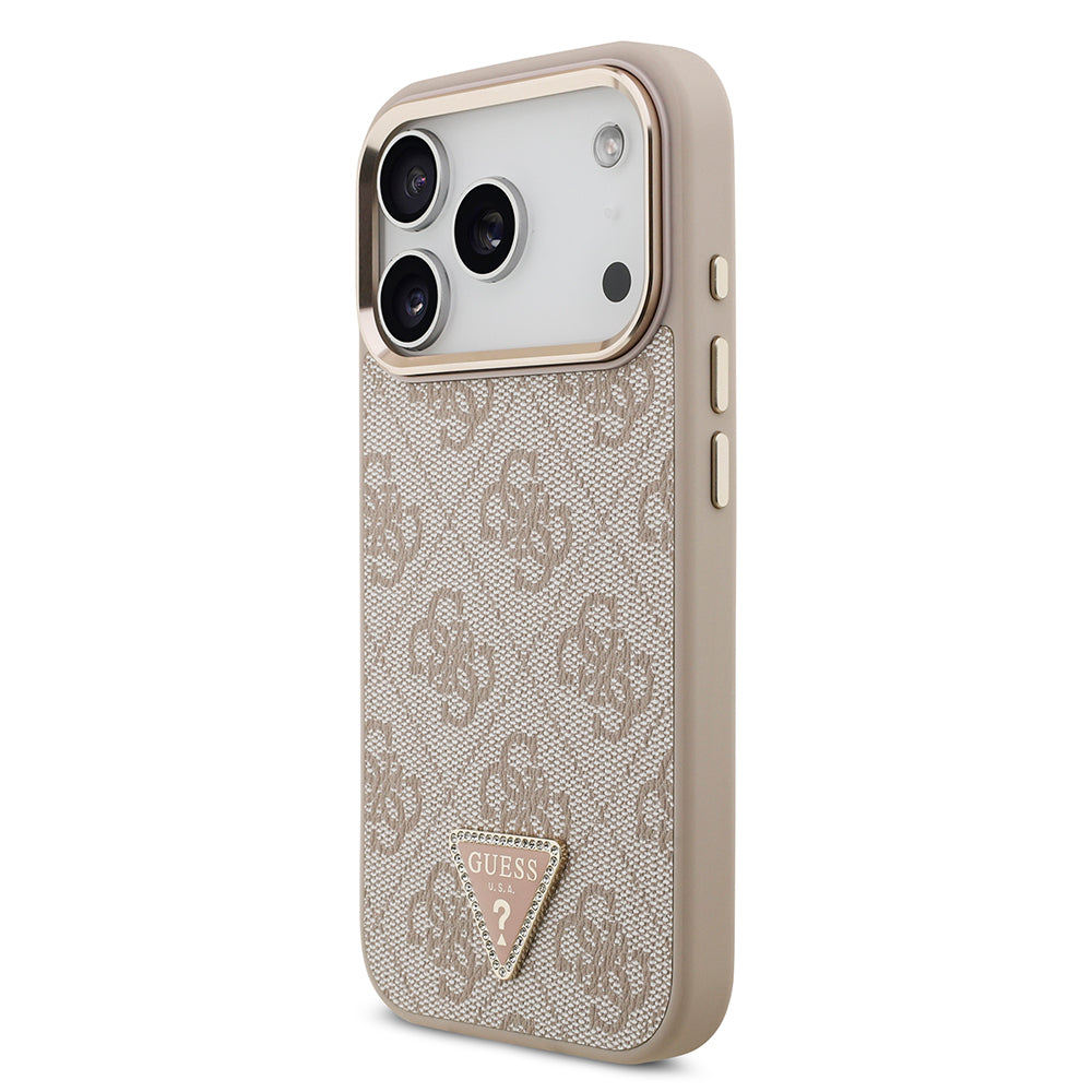 Apple iPhone 17 Pro Kılıf Guess Orjinal Lisanslı M-safe Şarj Özellikli Gold Metal Kamera Çerçeveli Taşlı Üçgen Logo 4G Desenli Kapak Pembe