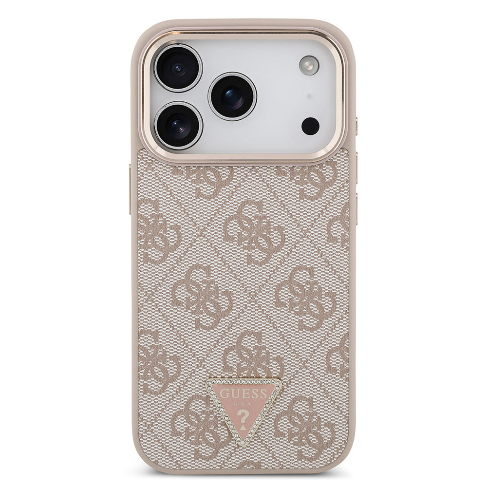 Apple iPhone 17 Pro Kılıf Guess Orjinal Lisanslı M-safe Şarj Özellikli Gold Metal Kamera Çerçeveli Taşlı Üçgen Logo 4G Desenli Kapak Pembe