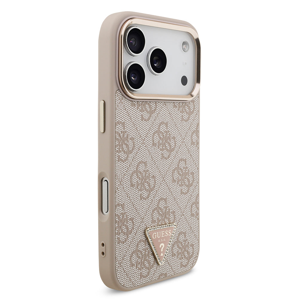 Apple iPhone 17 Pro Kılıf Guess Orjinal Lisanslı M-safe Şarj Özellikli Gold Metal Kamera Çerçeveli Taşlı Üçgen Logo 4G Desenli Kapak Pembe