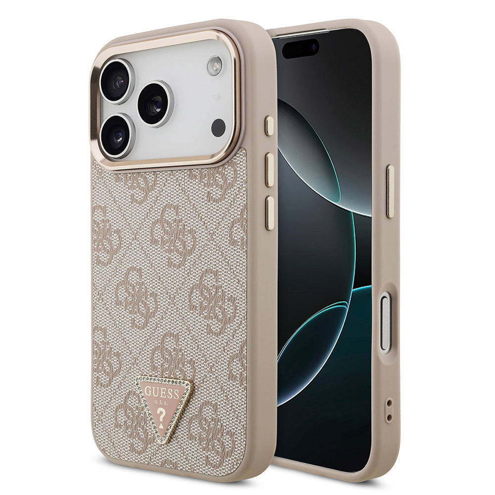 Apple iPhone 17 Pro Kılıf Guess Orjinal Lisanslı M-safe Şarj Özellikli Gold Metal Kamera Çerçeveli Taşlı Üçgen Logo 4G Desenli Kapak Pembe