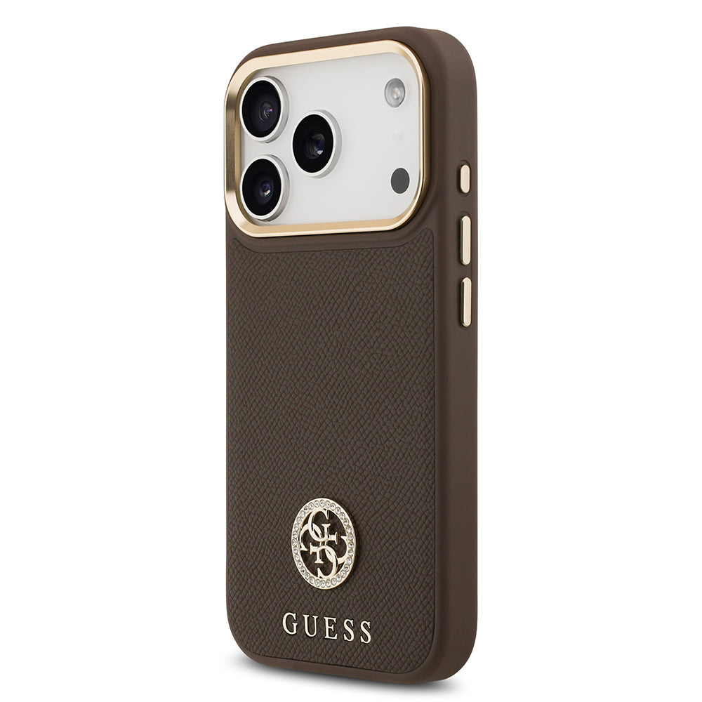 Apple iPhone 17 Pro Kılıf Guess Orjinal Lisanslı M-safe Şarj Özellikli Grained Yazı ve Taşlı 4G Logolu Kapak Kahverengi