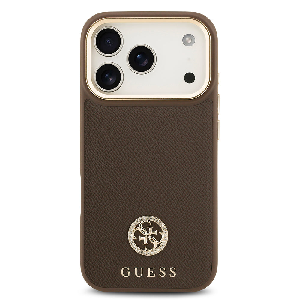 Apple iPhone 17 Pro Kılıf Guess Orjinal Lisanslı M-safe Şarj Özellikli Grained Yazı ve Taşlı 4G Logolu Kapak Kahverengi