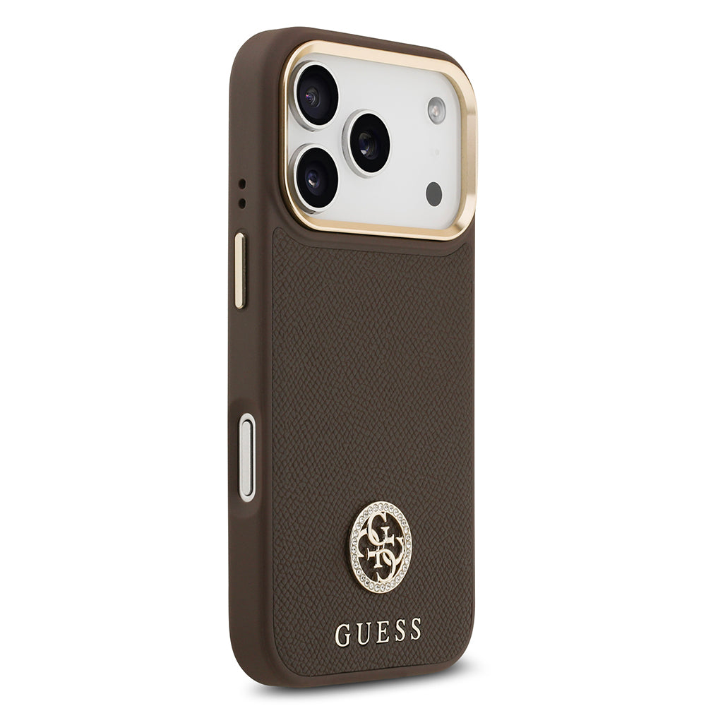 Apple iPhone 17 Pro Kılıf Guess Orjinal Lisanslı M-safe Şarj Özellikli Grained Yazı ve Taşlı 4G Logolu Kapak Kahverengi