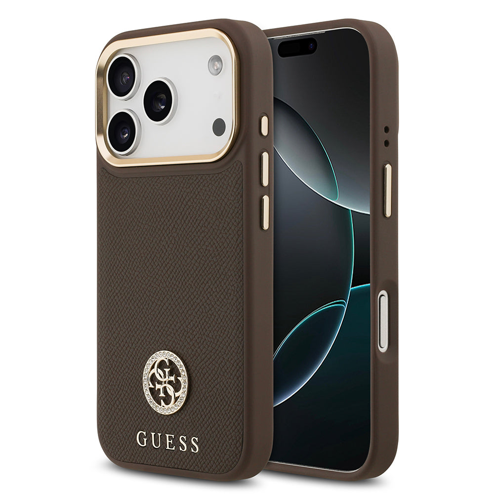 Apple iPhone 17 Pro Kılıf Guess Orjinal Lisanslı M-safe Şarj Özellikli Grained Yazı ve Taşlı 4G Logolu Kapak Kahverengi