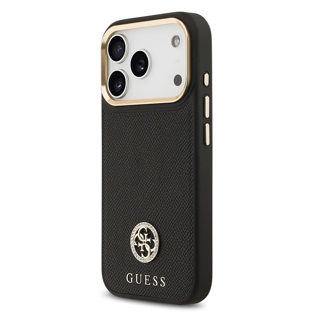 Apple iPhone 17 Pro Kılıf Guess Orjinal Lisanslı M-safe Şarj Özellikli Grained Yazı ve Taşlı 4G Logolu Kapak Siyah