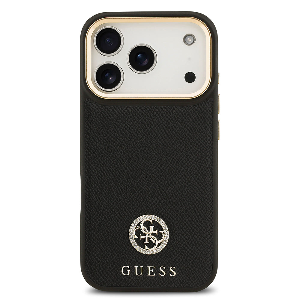 Apple iPhone 17 Pro Kılıf Guess Orjinal Lisanslı M-safe Şarj Özellikli Grained Yazı ve Taşlı 4G Logolu Kapak Siyah