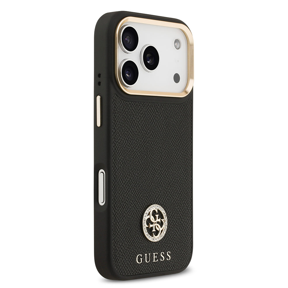 Apple iPhone 17 Pro Kılıf Guess Orjinal Lisanslı M-safe Şarj Özellikli Grained Yazı ve Taşlı 4G Logolu Kapak Siyah