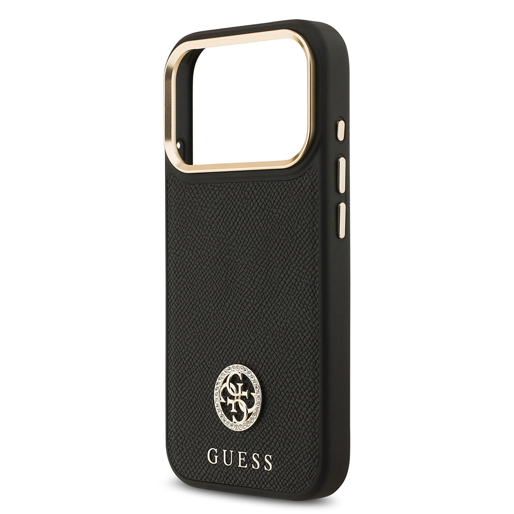 Apple iPhone 17 Pro Kılıf Guess Orjinal Lisanslı M-safe Şarj Özellikli Grained Yazı ve Taşlı 4G Logolu Kapak Siyah