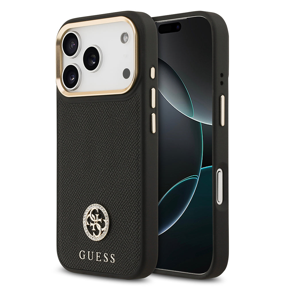 Apple iPhone 17 Pro Kılıf Guess Orjinal Lisanslı M-safe Şarj Özellikli Grained Yazı ve Taşlı 4G Logolu Kapak Siyah