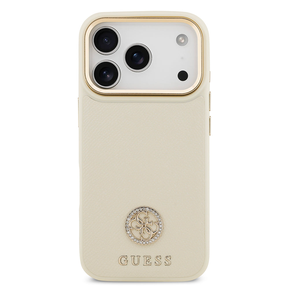Apple iPhone 17 Pro Kılıf Guess Orjinal Lisanslı M-safe Şarj Özellikli Grained Yazı ve Taşlı 4G Logolu Kapak Bej